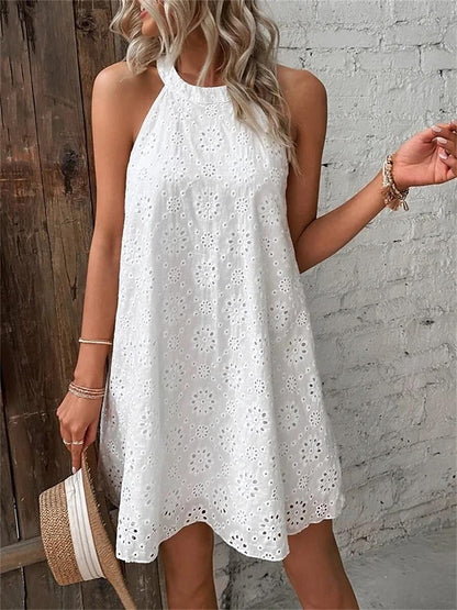 Women's White Dress Lace Dress Casual Dress Mini Dress Cotton Eyelet Daily Vacation Halter Neck Sleeveless Summer Spring Black White Plain