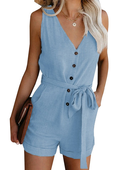 Women's Romper Lace up Button Front Solid Color V Neck Casual Daily Going out Regular Fit Sleeveless Light Blue ArmyGreen Blue S M L Spring - LuckyFash™