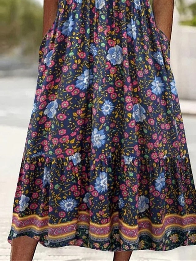 Women's Casual Dress Summer Dress Boho Dress Floral Ruched Pocket Crew Neck Midi Dress Fashion Modern Outdoor Daily Short Sleeve Regular Fit Pink Dark Blue Light Blue Summer Spring S M L XL XXL - LuckyFash™