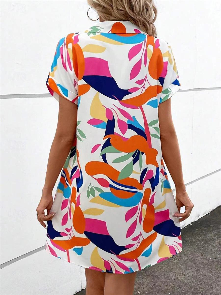 Women's Shirt Dress Casual Dress Mini Dress Date Vacation Polyester Modern Casual Shirt Collar Button Print Short Sleeve Summer Spring Loose Fit White Red Blue Floral Leaf S M L XL 2XL