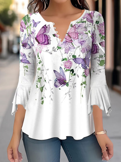 Women's Shirt Blouse Floral Casual Holiday Button Print White 3/4 Length Sleeve Fashion Round Neck Spring &  Fall