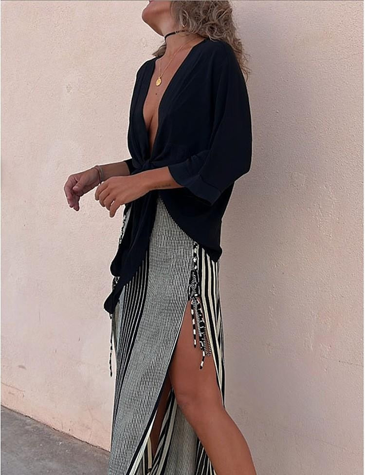 Women's Two Piece Dress Set Casual Dress Skirt Set Party Holiday Party Hawaiian Drawstring Long Dress Maxi Dress V Neck 3/4 Length Sleeve Stripe Loose Fit Black Summer Spring S M L XL