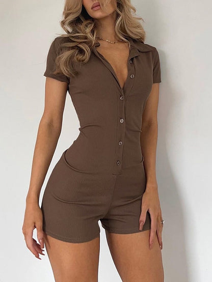 Women's Romper Button Solid Color Shirt Collar Active Street Sport Regular Fit Short Sleeve Brown Black S M L Spring - LuckyFash™