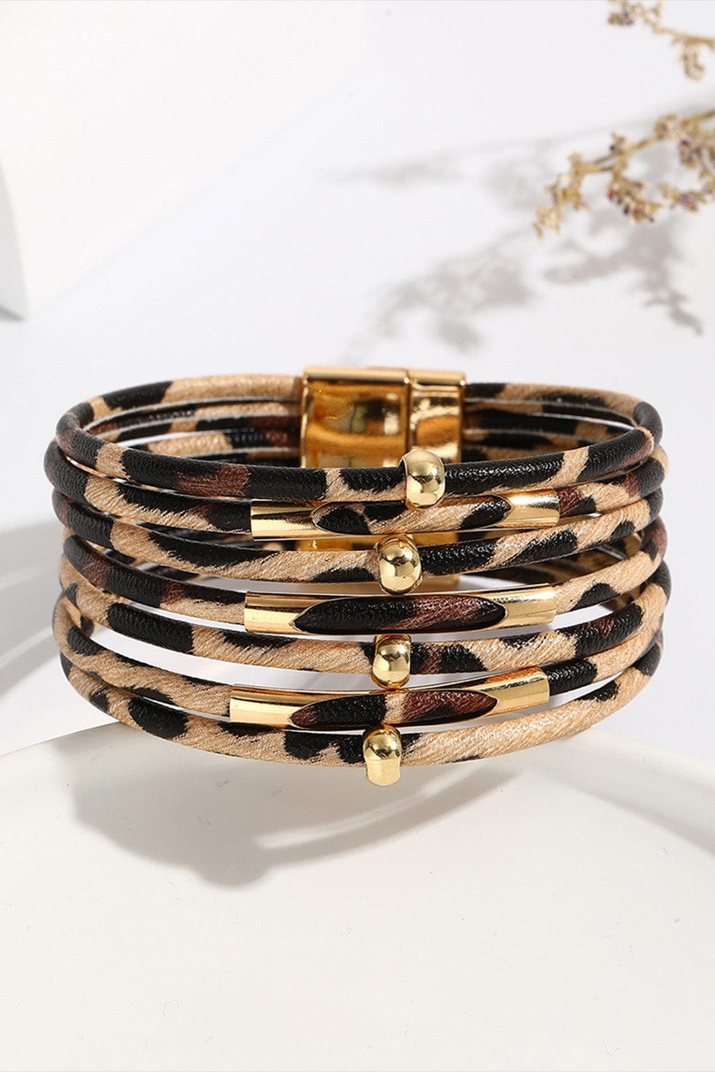 Leopard Print Multi-layer Brown Beaded Magnetic Clasp Bracelet