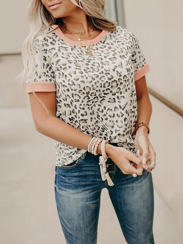 Leopard Print Round Neck T-shirt with Color Accent