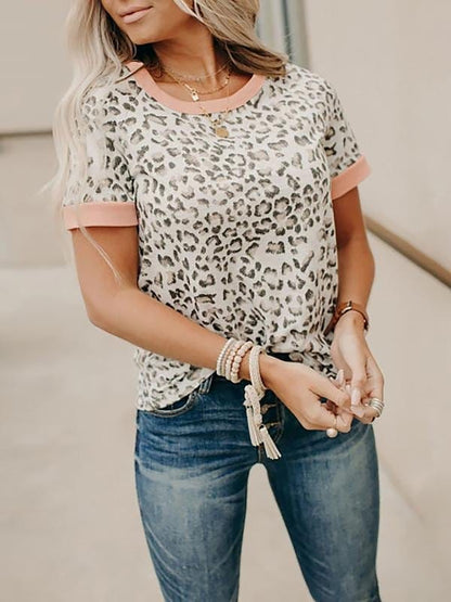 Leopard Print Round Neck T-shirt with Color Accent