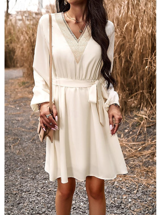 Women's White Dress Plain Dress Long Dress Maxi Dress Patchwork With Belt Valentine's Day Date Vacation Elegant A Line V Neck Long Sleeve Black White Wine Color