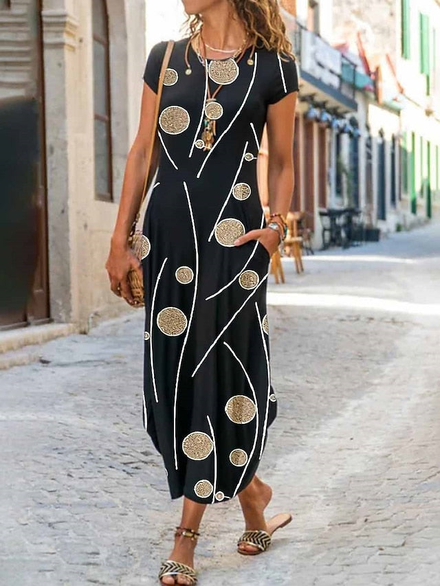 Women's Long Dress Maxi Dress Casual Dress Shift Dress Summer Dress Floral Geometric Feather Fashion Streetwear Outdoor Daily Going out Pocket Split Short Sleeve Crew Neck Dress Regular Fit Black - LuckyFash™