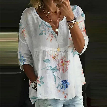 Women's Shirt Blouse Linen Floral Holiday Print White 3/4 Length Sleeve Casual V Neck