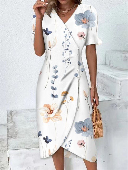 Women's Casual Dress Sheath Dress Wrap Dress Floral Asymmetrical Print V Neck Midi Dress Active Fashion Outdoor Street Short Sleeve Loose Fit Yellow Pink Red Summer Spring S M L XL XXL - LuckyFash™