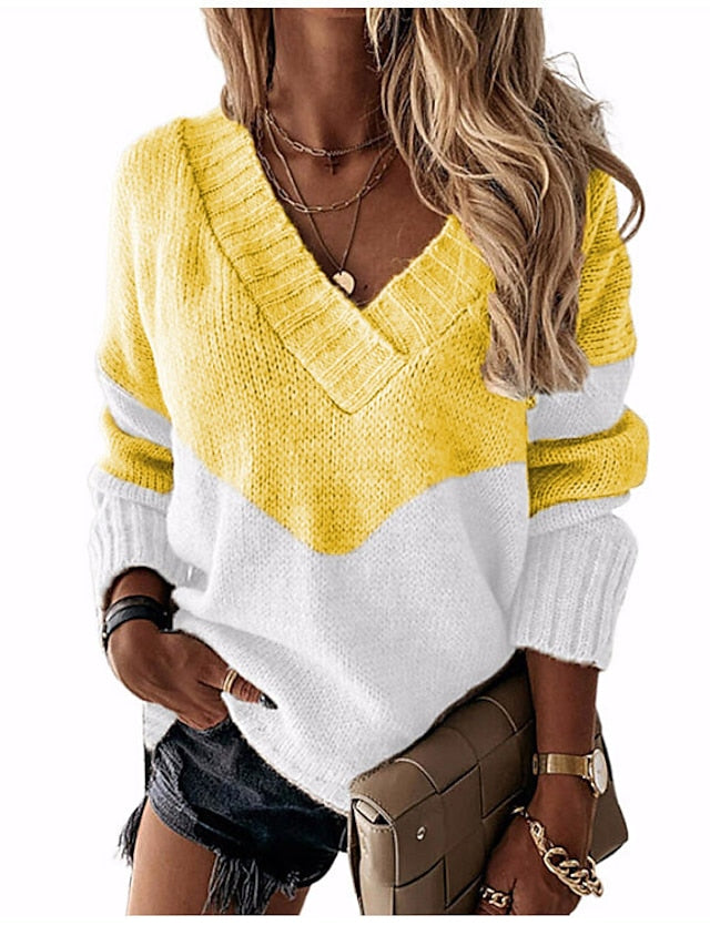 Women's Pullover Sweater Jumper Jumper Crochet Knit Cropped Patchwork Stripe Color Block V Neck Stylish Casual Daily Holiday Winter Fall Blue Yellow S M L - LuckyFash™