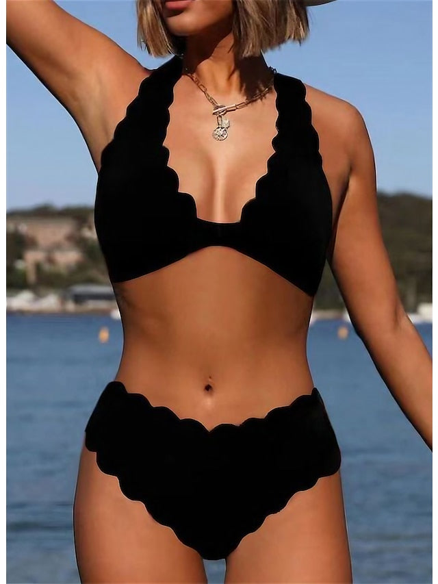 Women's Swimwear Bikini 2 Piece Plus Size Swimsuit Backless Halter Pure Color Black Halter V Wire Bathing Suits New Vacation Sexy - LuckyFash™