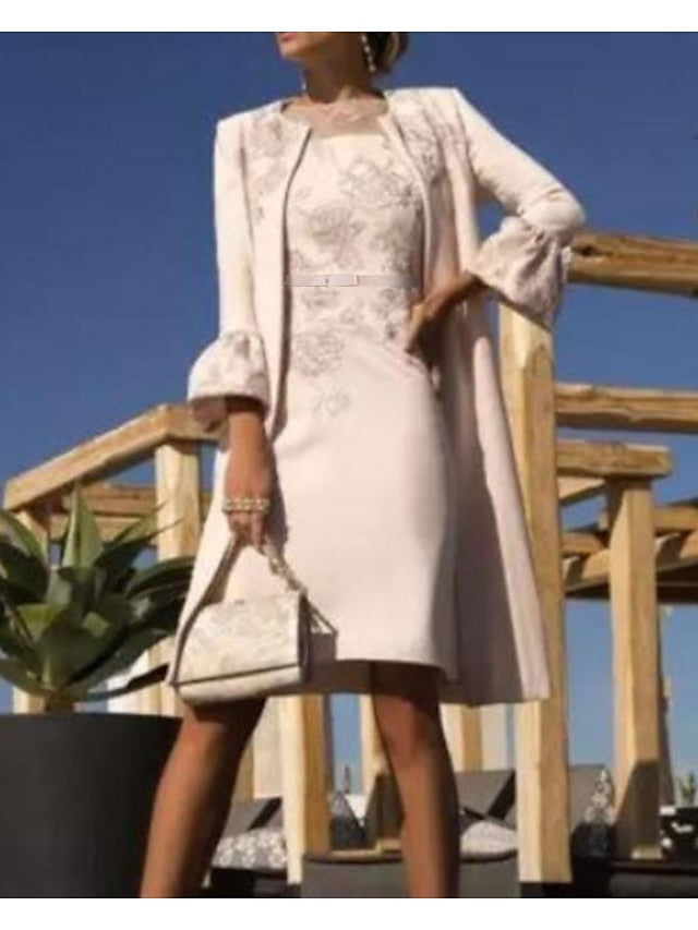 Two Piece Sheath / Column Mother of the Bride Dress Church Plus Size Elegant Jewel Neck Knee Length Lace Stretch Fabric Short Sleeve Jacket Dresses with Appliques 2023 - LuckyFash™