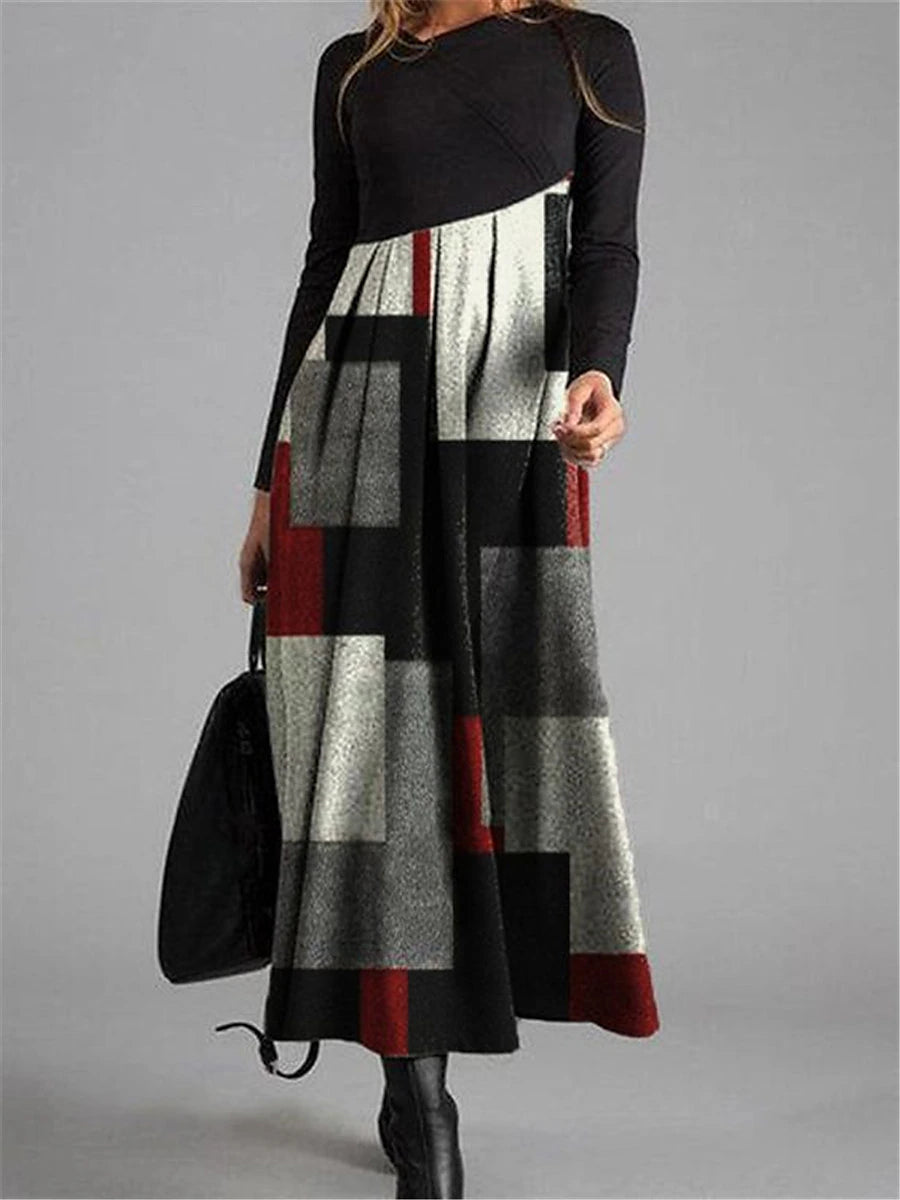 Women's Winter Dress A Line Dress Floral Color Block Ruched Patchwork Crew Neck Long Dress Maxi Dress Daily Vacation Long Sleeve Fall Winter