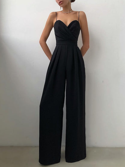 Women's Summer V Neck Spaghetti Straps  Elegant Wedding Party Jumpsuit High Waist Wide Leg Pleated Long Pants Casual Rompers with Pockets - LuckyFash™