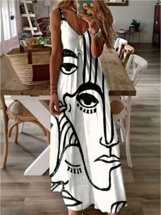 Women's Casual Dress Shift Dress A Line Dress Abstract Print Spaghetti Strap Maxi long Dress Elegant Daily Sleeveless Summer Spring