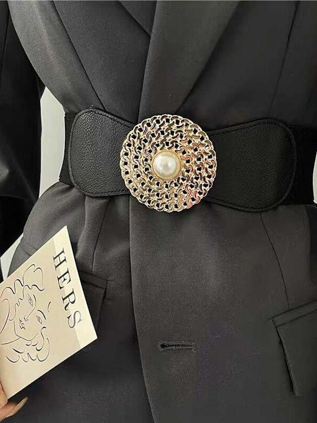 round buckle chain elastic elastic girdle female outer suit dress pearl disc black retro belt - LuckyFash™