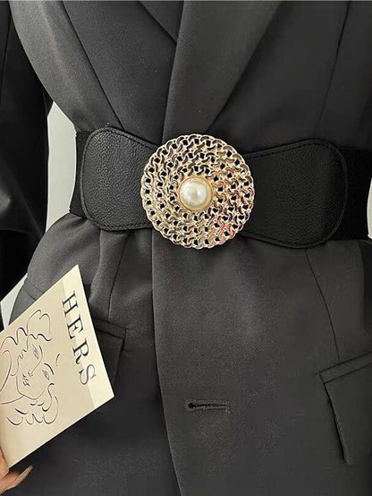 round buckle chain elastic elastic girdle female outer suit dress pearl disc black retro belt - LuckyFash™