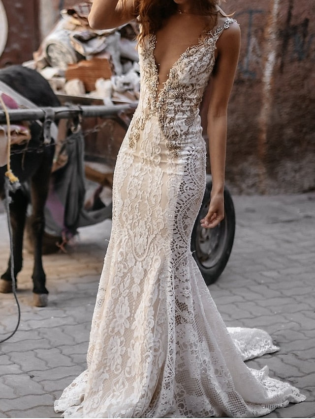 Beach Open Back Sexy Boho Wedding Dresses Mermaid / Trumpet V Neck Sleeveless Court Train Lace Bridal Gowns With Appliques 2023 Summer Wedding Party, Women's Clothing - LuckyFash™