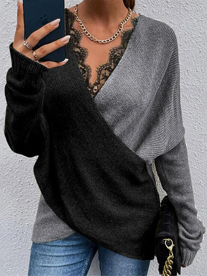 Women's Pullover Sweater Jumper V Neck Ribbed Knit Cotton Blend Patchwork Criss Cross Lace Trims Fall Winter Regular Daily Going out Weekend Stylish Casual Soft Long Sleeve Solid Color White Khaki