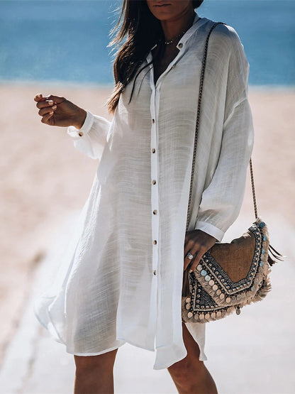 Women's White Dress Cover Up Beach Wear Midi Dress Button Basic Classic Plain Stand Collar Long Sleeve Loose Fit Outdoor Daily White 2023 Summer Spring One Size