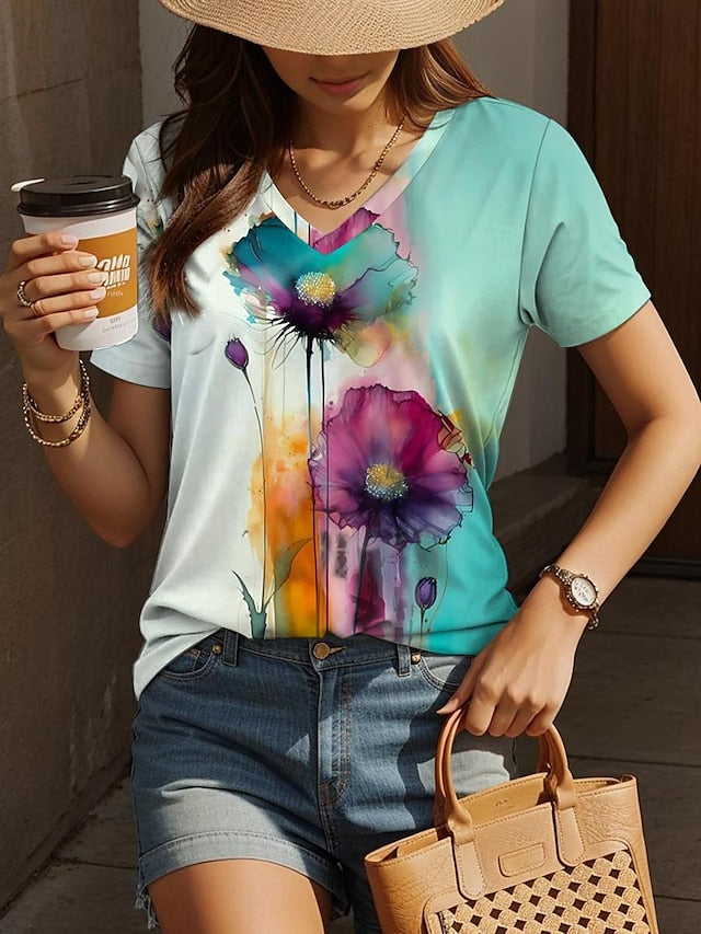 Women's T shirt Tee Daily Print Blue Short Sleeve Vintage Fashion V Neck Summer