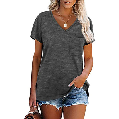 Women's T shirt Tee Plain Solid Colored Casual Daily Pocket Black Short Sleeve Basic Casual V Neck