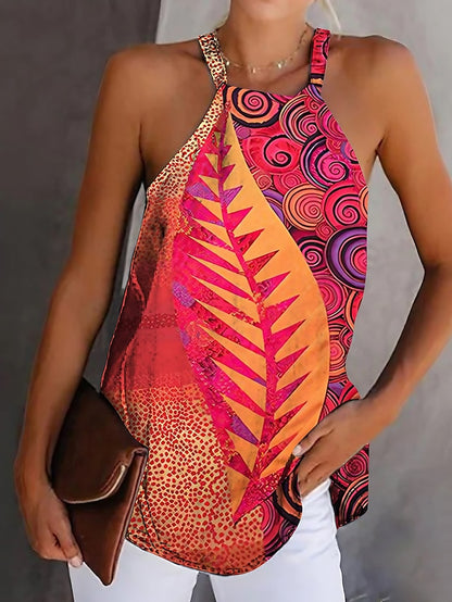 Women's Tank Top Boho Red Leaf Print Graphic Halter Neck Sleeveless Tank Ethnic Summer Stylish Casual Tank Top