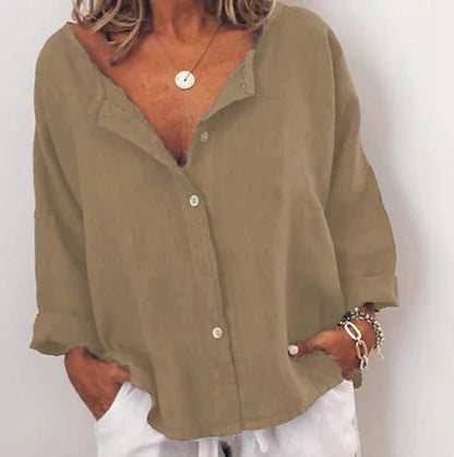 Women's Shirt Blouse Long Cotton Top Linen Plain Casual Daily Button Army Green Long Sleeve Daily Basic V Neck Fall & Winter