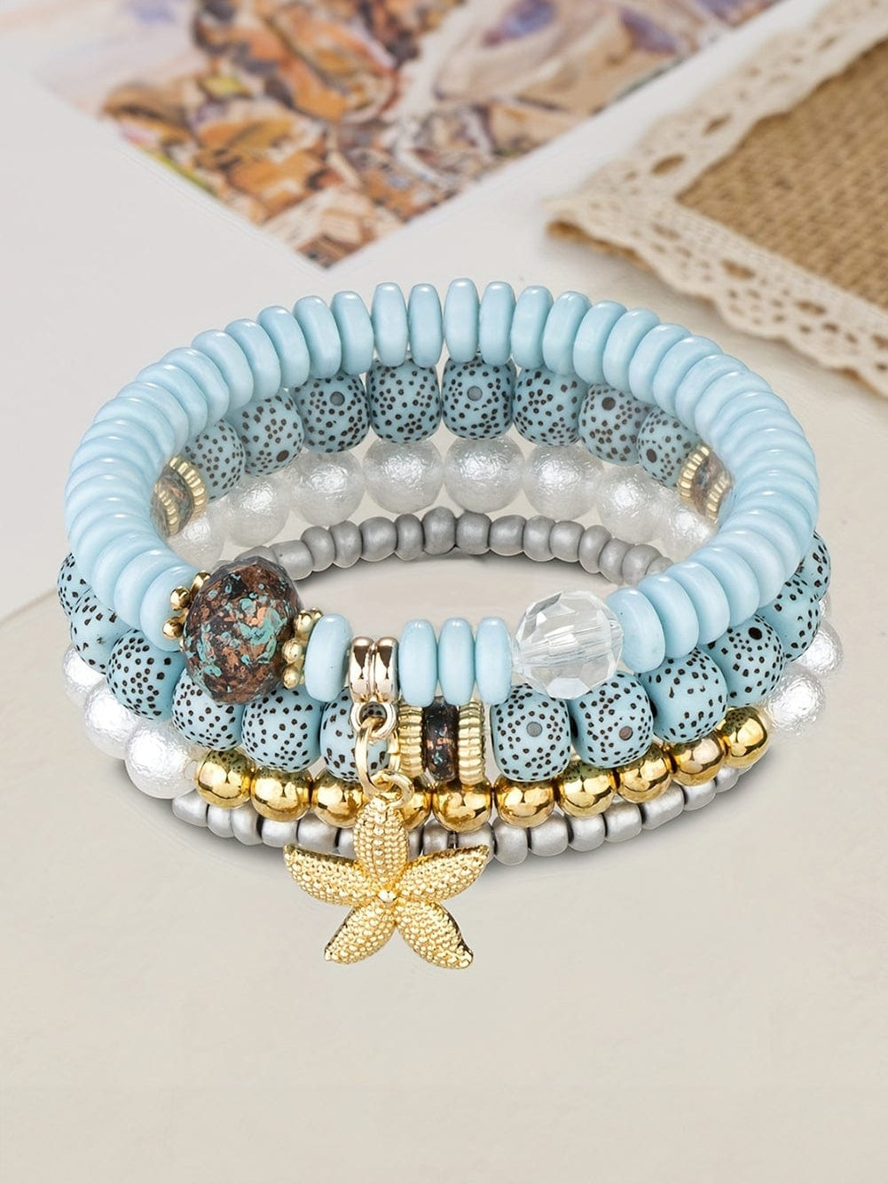 Light Blue 4pcs Starfish Pendant Beaded Bracelet Set