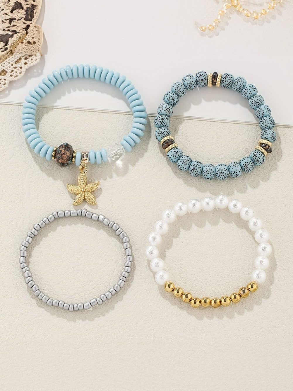 Light Blue 4pcs Starfish Pendant Beaded Bracelet Set