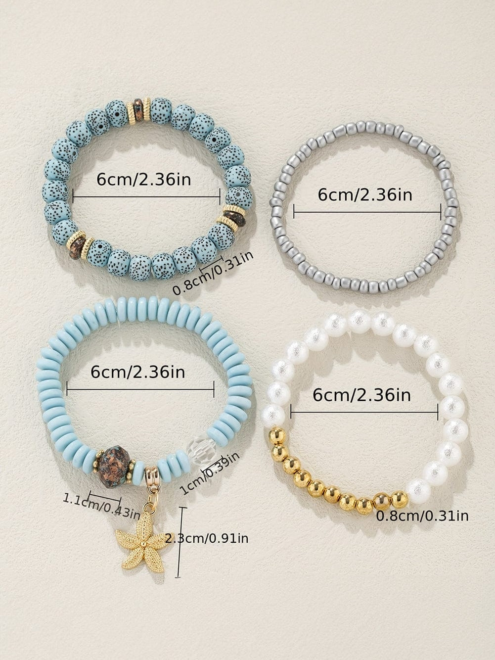 Light Blue 4pcs Starfish Pendant Beaded Bracelet Set