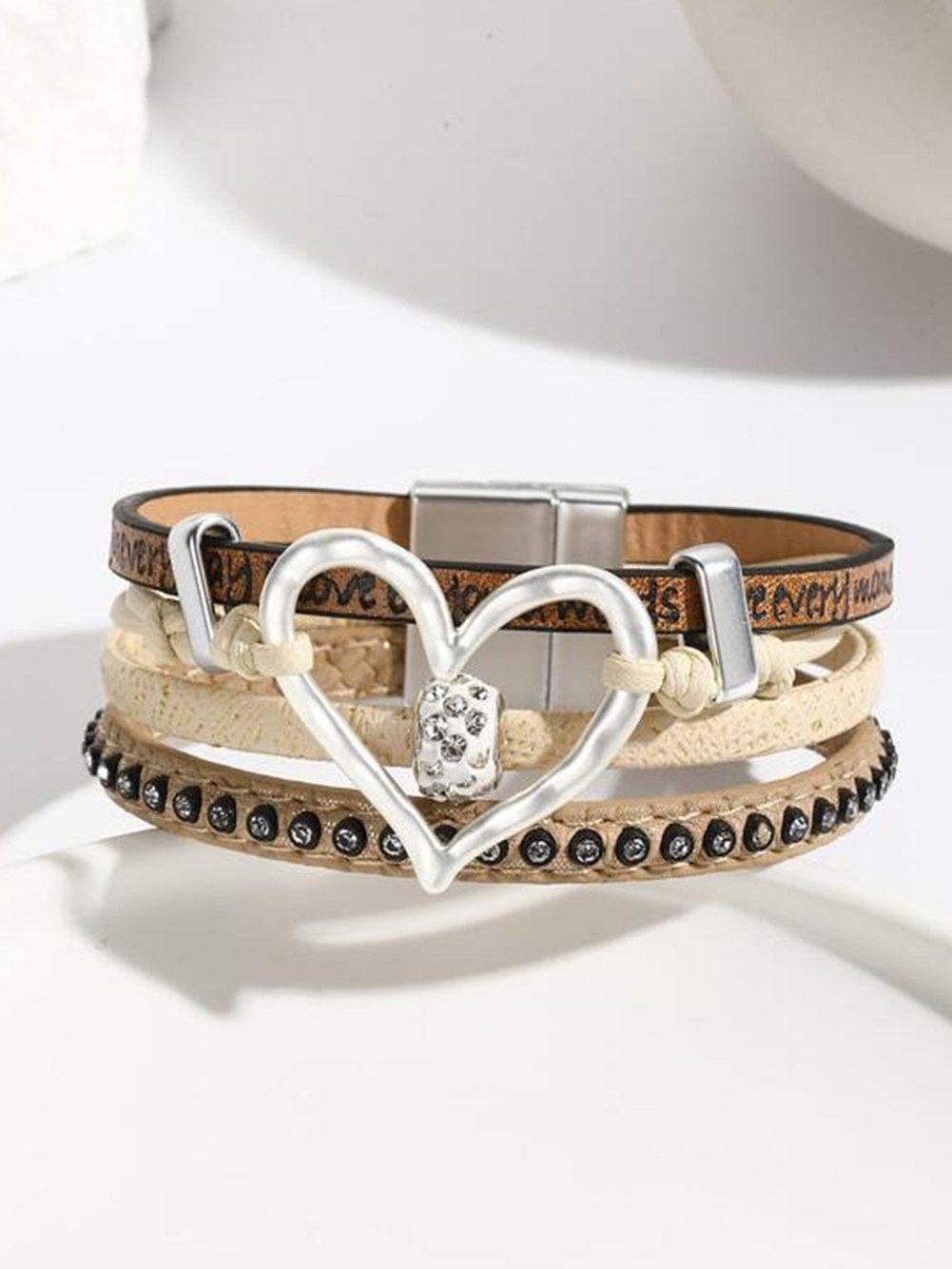 Light French Beige Heart Shape Magnetic Buckle Multi Layered Bracelet