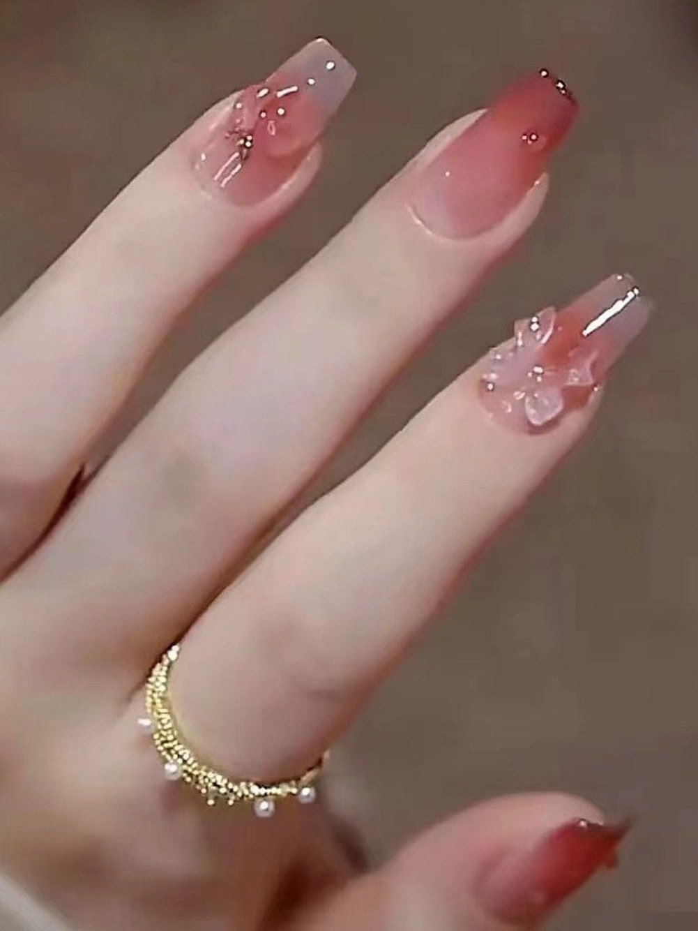 Light Pink 10pcs Bowknot Heart Coffin Shape Gradient Nail Sticker Set