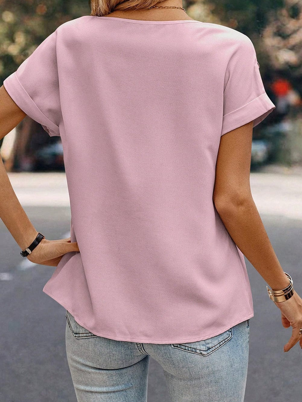 Light Pink Pleated Patch Crew Neck T-Shirt