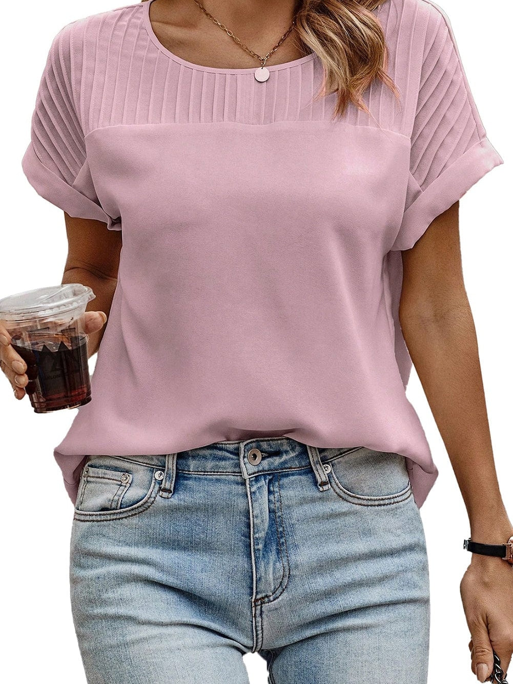 Light Pink Pleated Patch Crew Neck T-Shirt