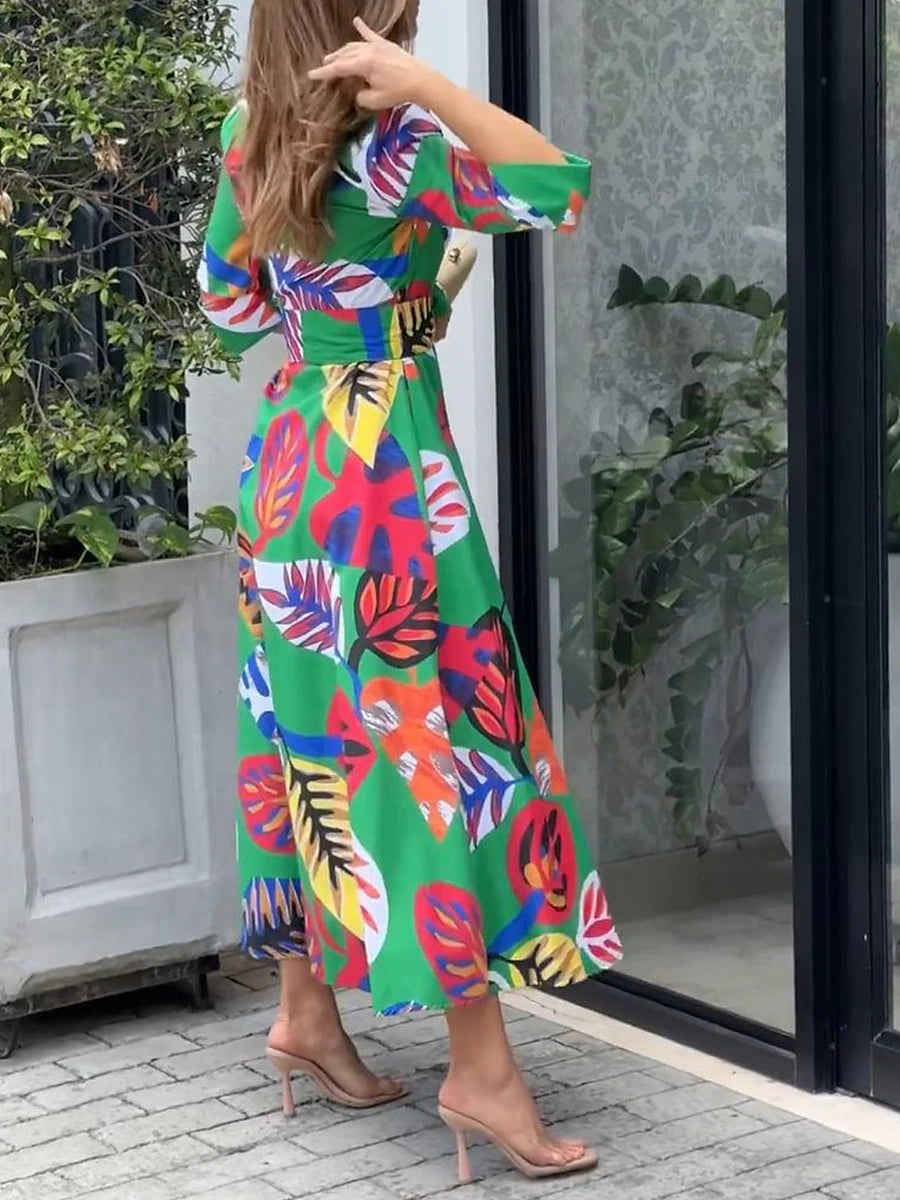 Women's Shirt Dress Casual Dress Maxi long Dress Outdoor Daily Vacation Polyester Fashion Modern Shirt Collar Button Print Long Sleeve Spring Fall Winter 2023 Loose Fit Green Leaf S M L XL 2XL