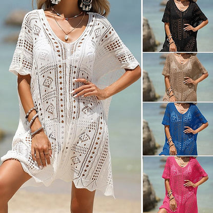 Women's Summer Dress Cover Up Cut Out Crochet Beach Wear Holiday Sleeveless Black White Blue Color