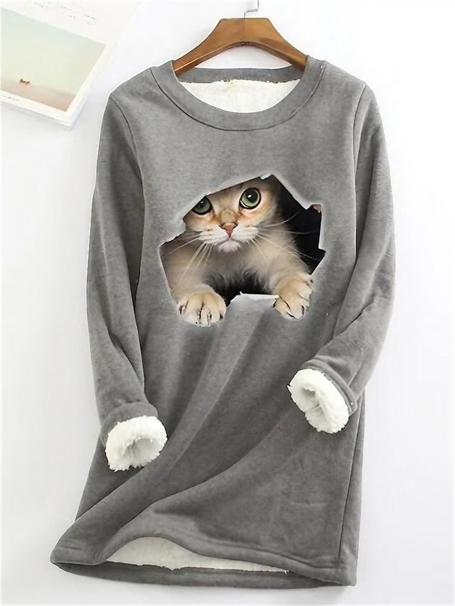 Women's Sweatshirt Pullover Sherpa Fleece Teddy Denim Blue Black White Cat Street Round Neck Plus Size Long Sleeve - LuckyFash™