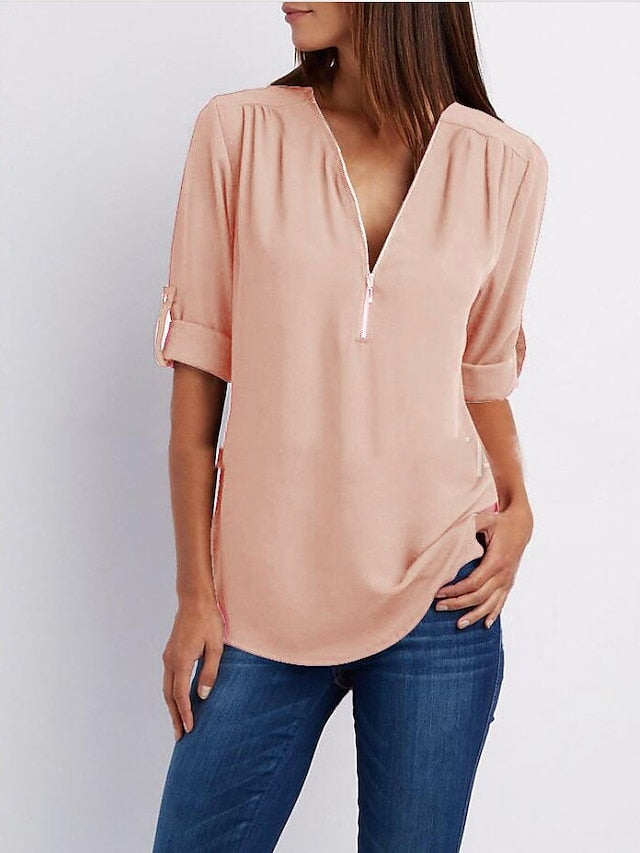 Womenâ€˜s Blouse Shirt Zipper Basic Plain Daily V Neck T-shirt Sleeve Regular Summer White Black Pink Grey Dark Blue - LuckyFash™