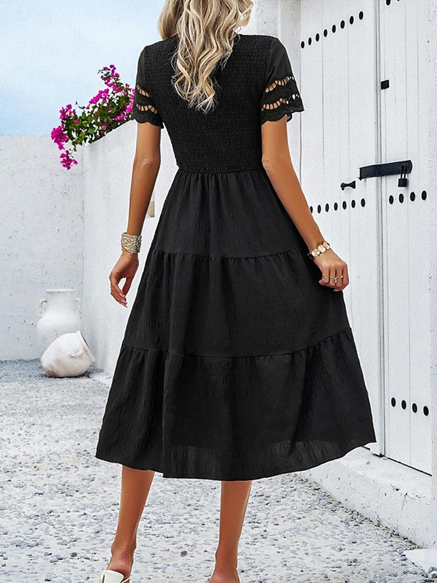 Women's White Dress Lace Dress Casual Dress Midi Dress Mesh Patchwork Date Vacation Streetwear Basic Crew Neck Short Sleeve Black White Brown Color