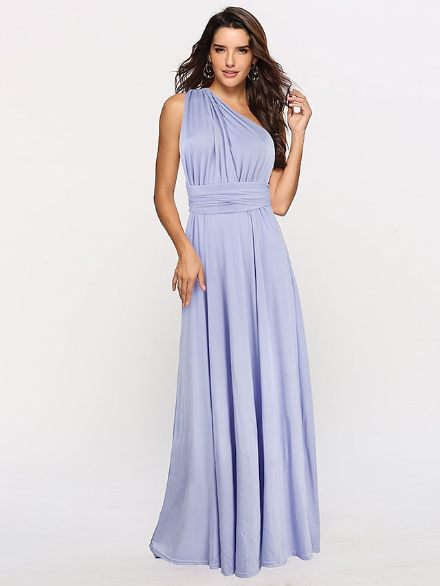 A-Line Bridesmaid Dress Halter / V Neck Sleeveless Convertible Floor Length Spandex with Sash / Ribbon / Pleats 2022 - LuckyFash™