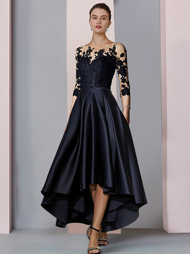 A-Line Mother of the Bride Dress Wedding Guest Elegant High Low Scoop Neck Asymmetrical Tea Length Satin Lace 3/4 Length Sleeve with Pleats Appliques 2023 - LuckyFash™