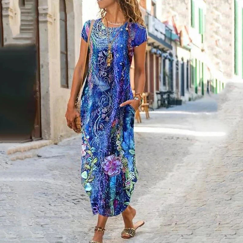 Women‘s A Line Dress Maxi long Dress Blue Short Sleeve Floral Pocket Print Summer Round Neck Casual 2023 S M L XL XXL 3XL