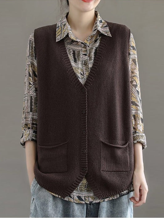 Women's Sweater Vest V Neck Knit Cotton Blend Pocket Knitted Spring Fall Daily Basic Casual Sleeveless Solid Color Black Brown khaki S M L