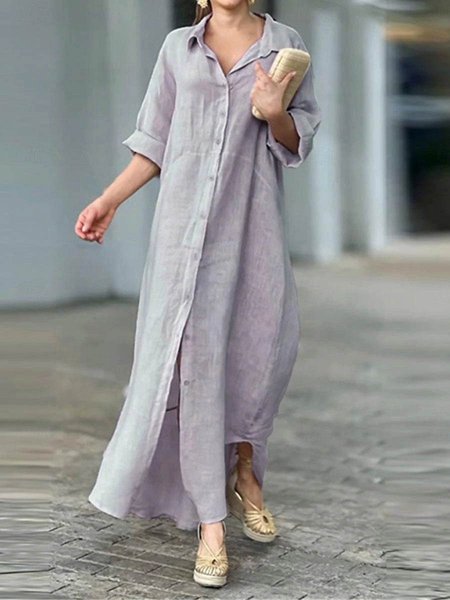 Women's Shirt Dress Casual Dress Cotton Linen Dress Maxi long Dress Button Basic Daily Shirt Collar 3/4 Length Sleeve Summer Spring Gray Plain