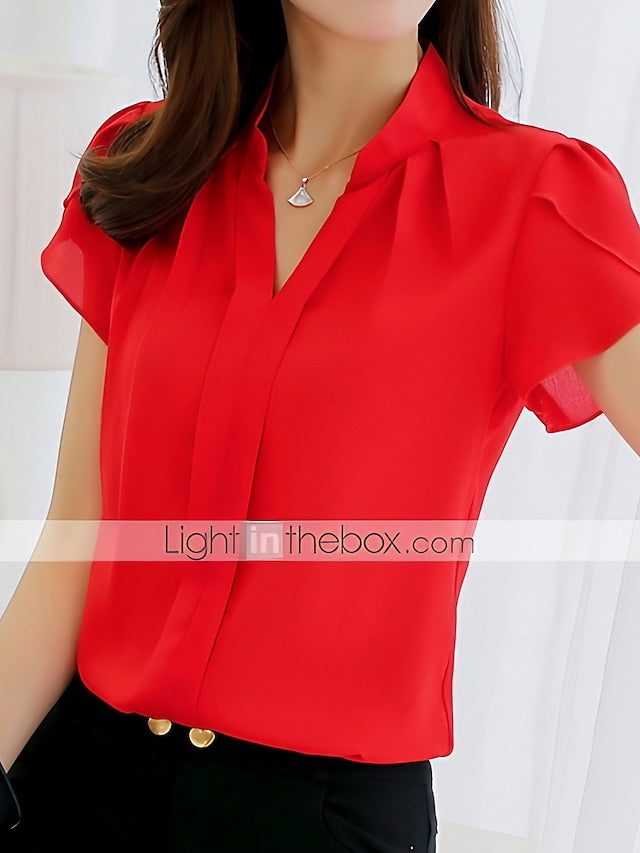 Women's Shirt Blouse White Pink Red Plain Short Sleeve Work Casual Basic Elegant V Neck Regular Slim S