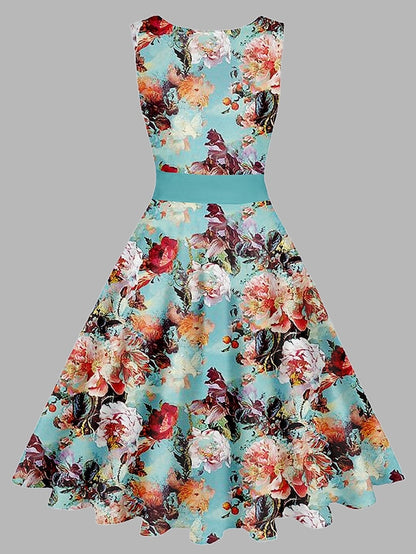 Women's Vintage Elegant Vintage Tea Dresses Midi Dress Daily Date Ruched Print Floral Crew Neck Sleeveless Slim Summer Spring 2023 Pink Blue S M L XL