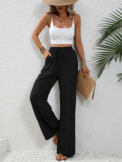 Women's Wide Leg Polyester Plain Wine Black Streetwear High Waist Long Street Daily Wear Summer Spring