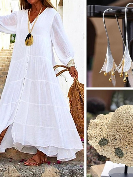 Women's White Dress with Flower Crochet Straw Hat Floral Earrings 4 PCS Shirt Dress Casual Dress Maxi long Dress Ruffle Button Basic Daily V Neck 3/4 Length Sleeve Summer Spring Vacation Beach Dress